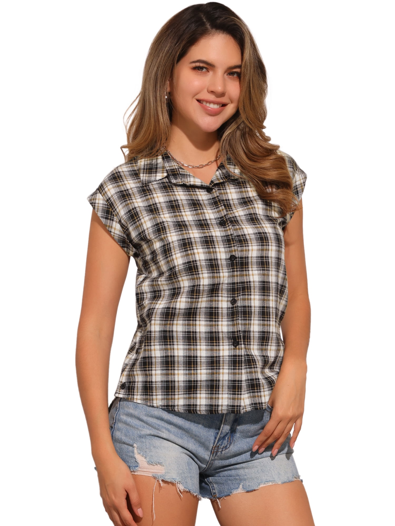 DARING DIVA Women's Summer Plaid Short Sleeves Button Down Tops M Black White