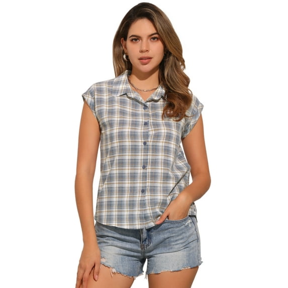 DARING DIVA Women's Summer Plaid Short Sleeves Button Down Tops M Grey Blue