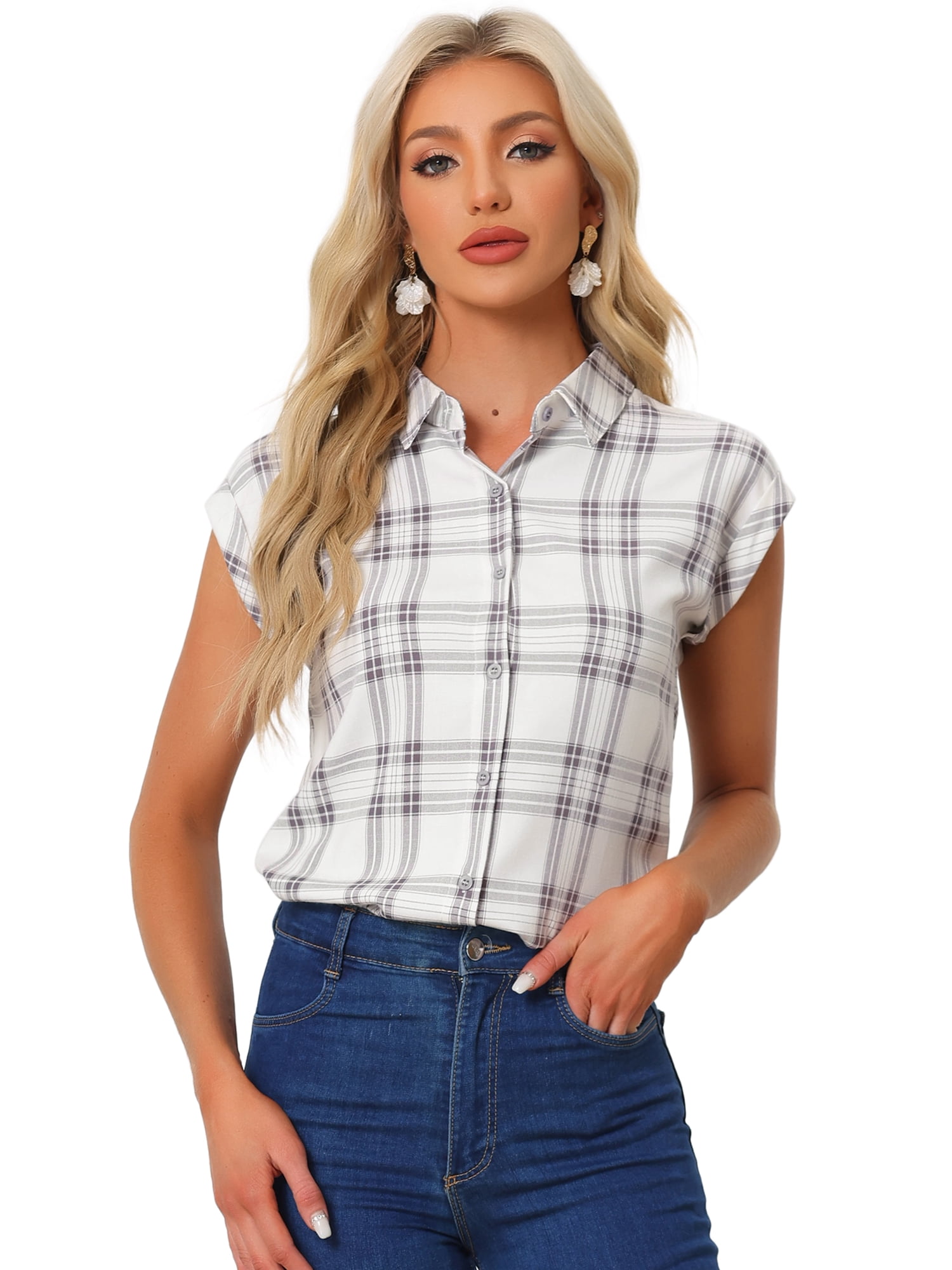 DARING DIVA Women's Summer Plaid Short Sleeves Button Down Tops S Purple-White