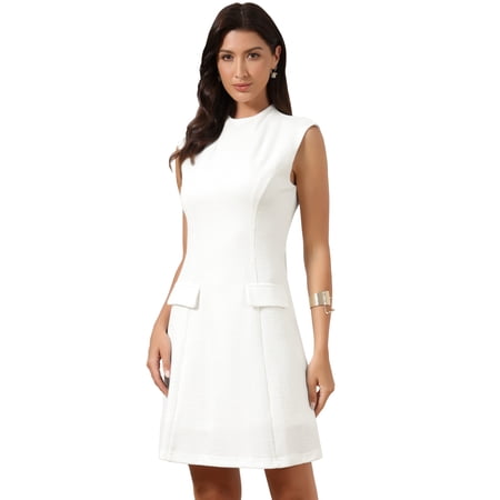 DARING DIVA Women's Summer Professional Work Mock Neck Tweed Sheath Dress M White