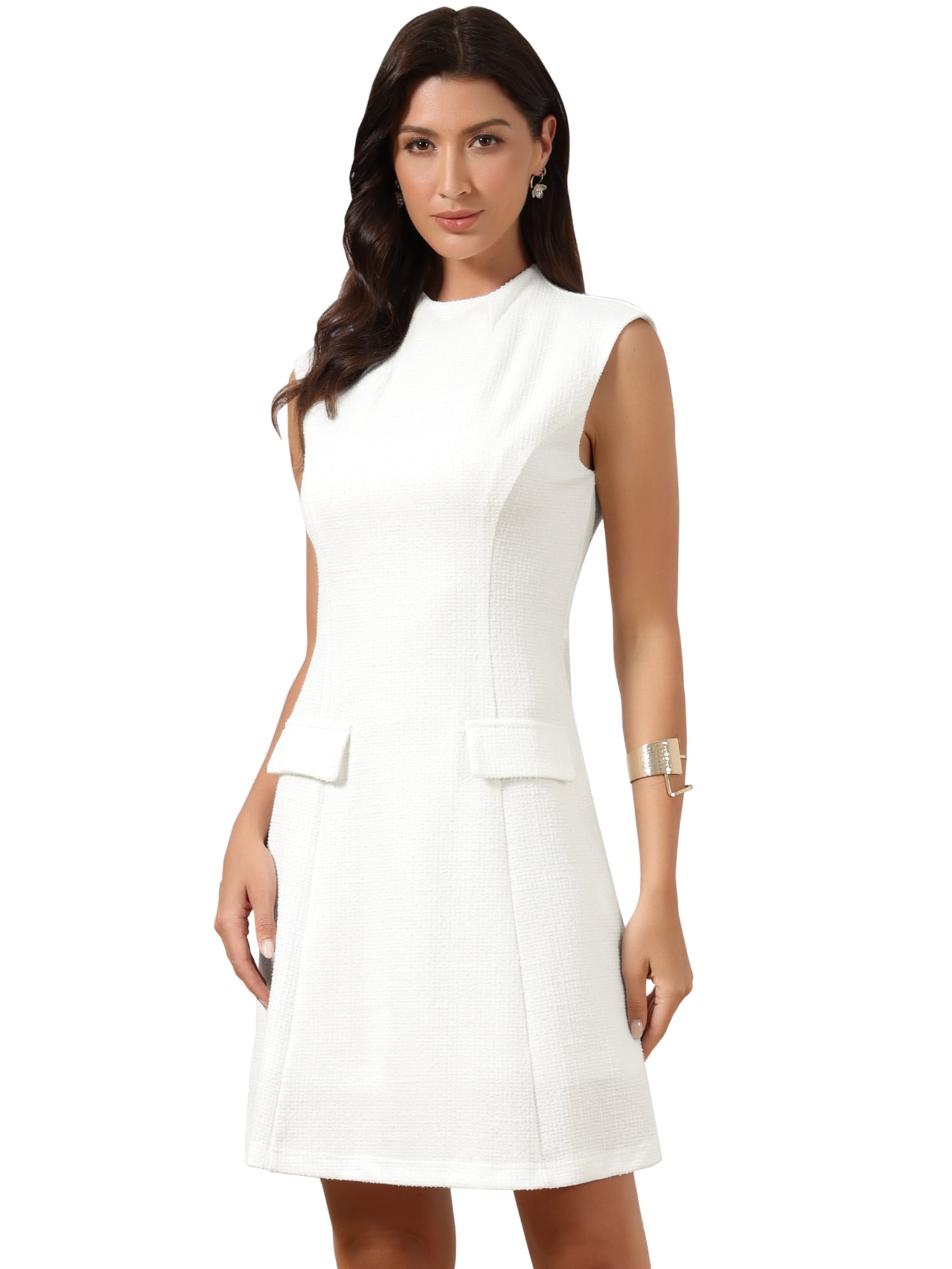 DARING DIVA Women's Summer Professional Work Mock Neck Tweed Sheath Dress S White