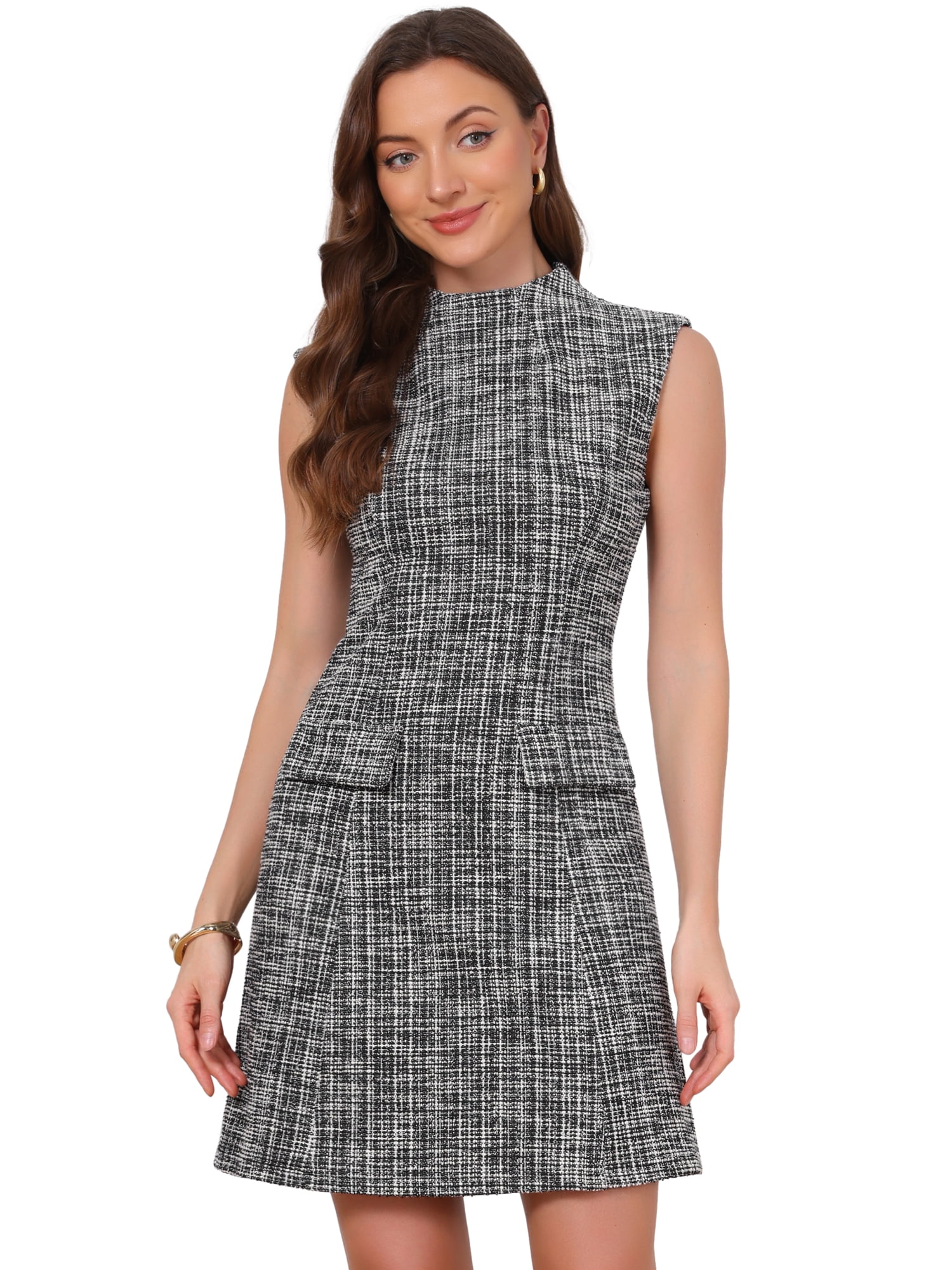 DARING DIVA Women's Summer Professional Work Mock Neck Tweed Sheath Dress L Black