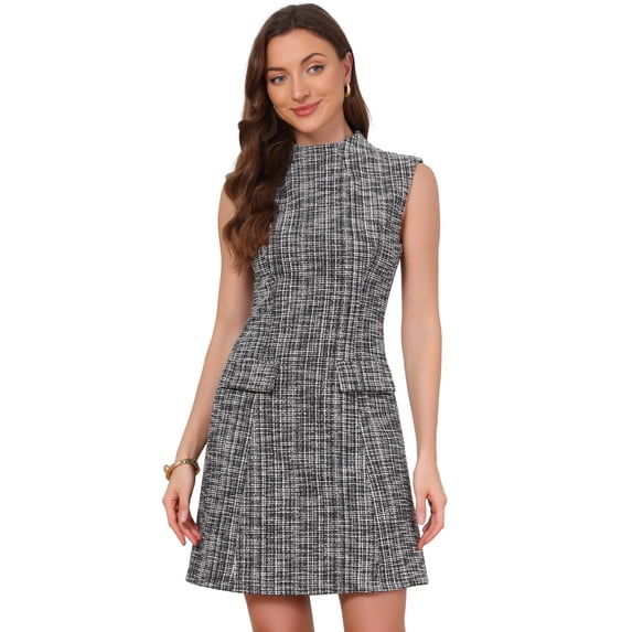 DARING DIVA Women's Summer Professional Work Mock Neck Tweed Sheath Dress L Black