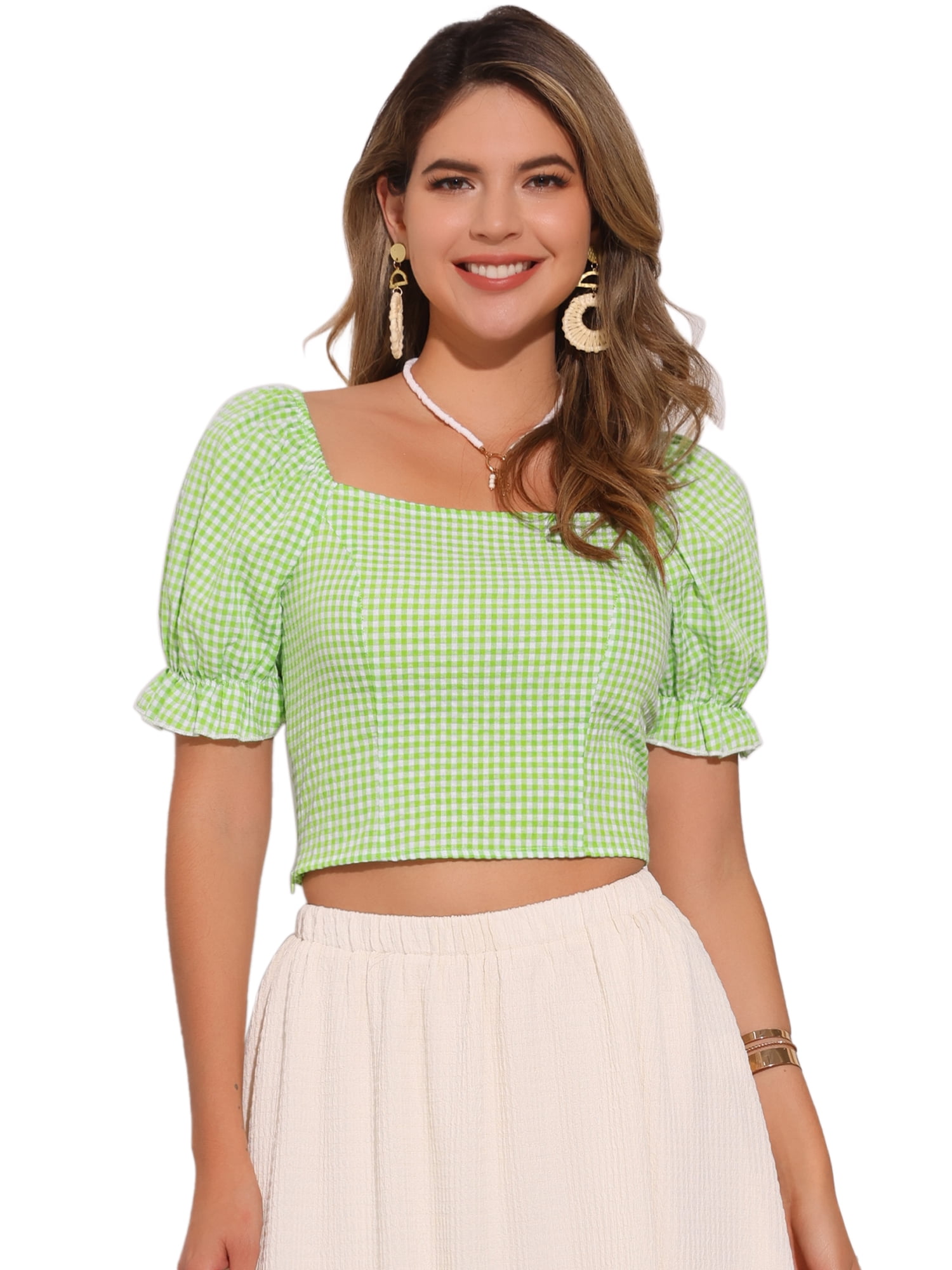 DARING DIVA Women's Smocked Crop Bubble Sleeve Peasant Gingham Tops L Green