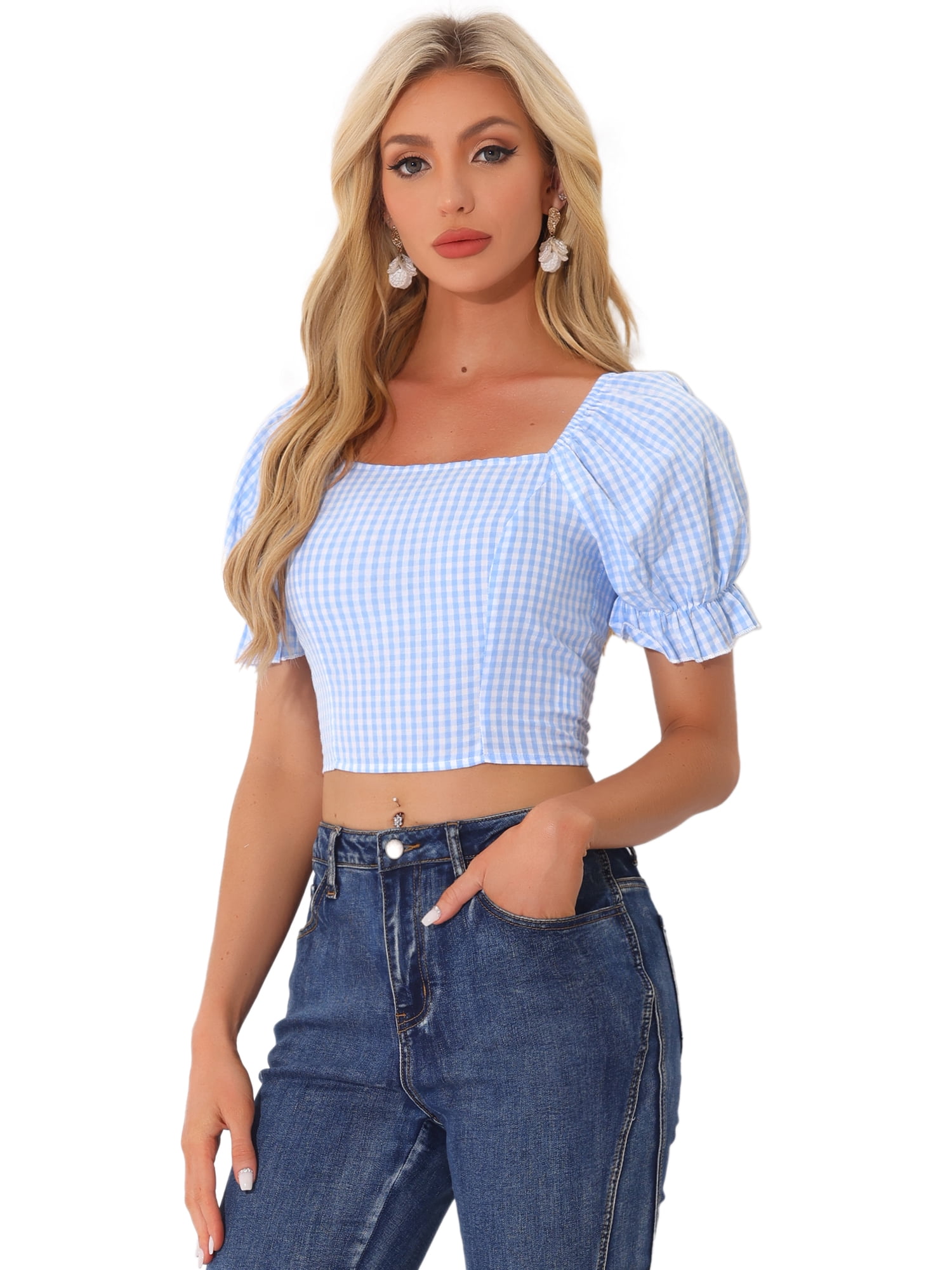 DARING DIVA Women's Smocked Crop Bubble Sleeve Peasant Gingham Tops L Light Blue