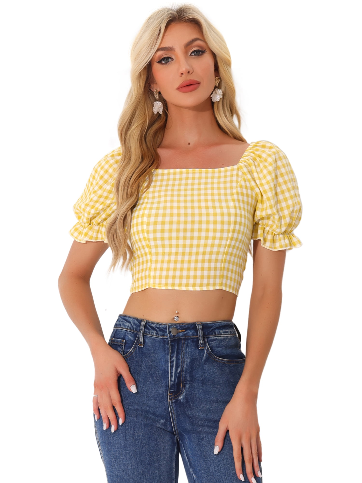 DARING DIVA Women's Smocked Crop Bubble Sleeve Peasant Gingham Tops XS Yellow