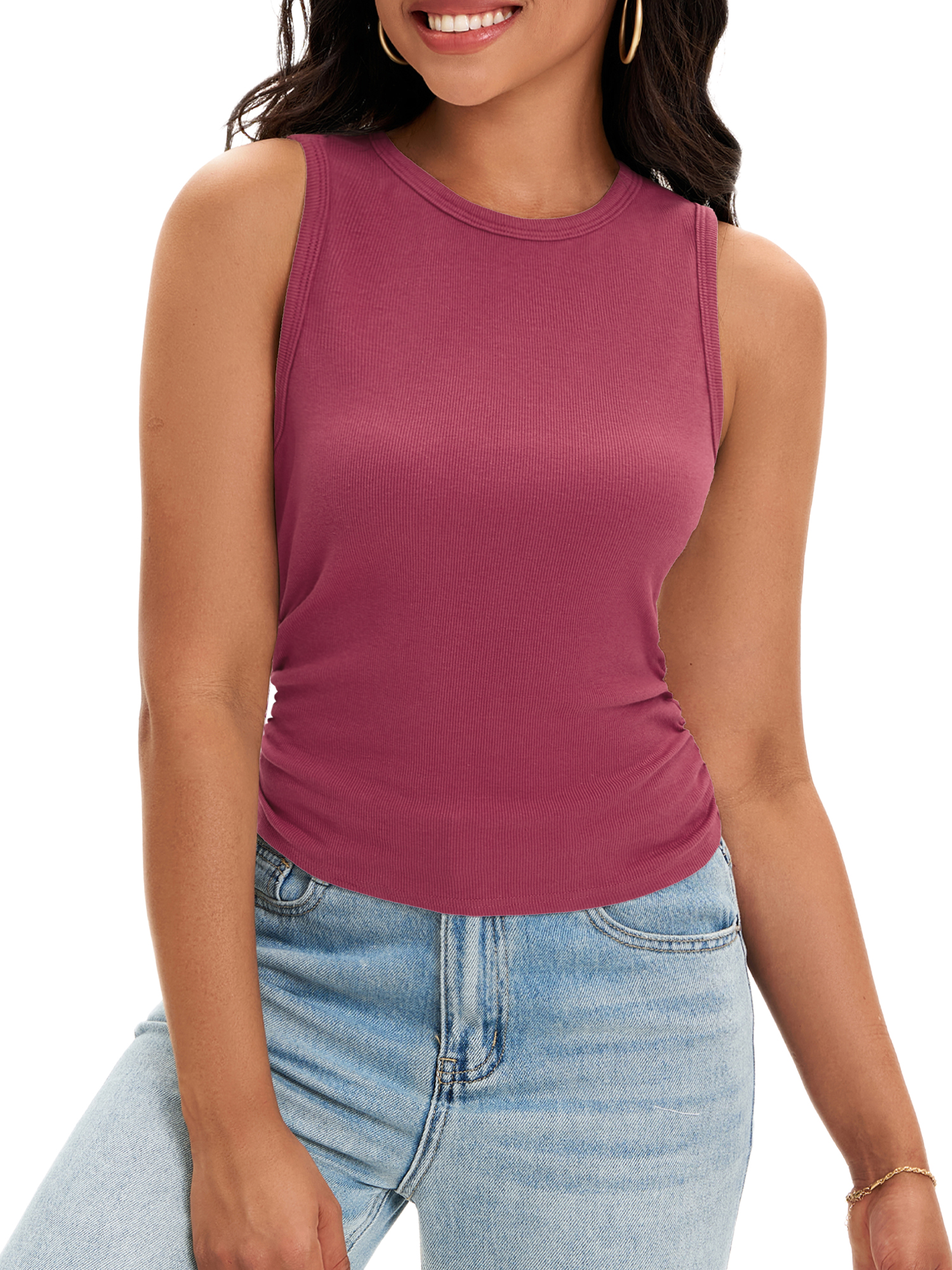 DARING DIVA Women's Summer Ribbed High Neck Casual Basic Tank Tops L Burgundy