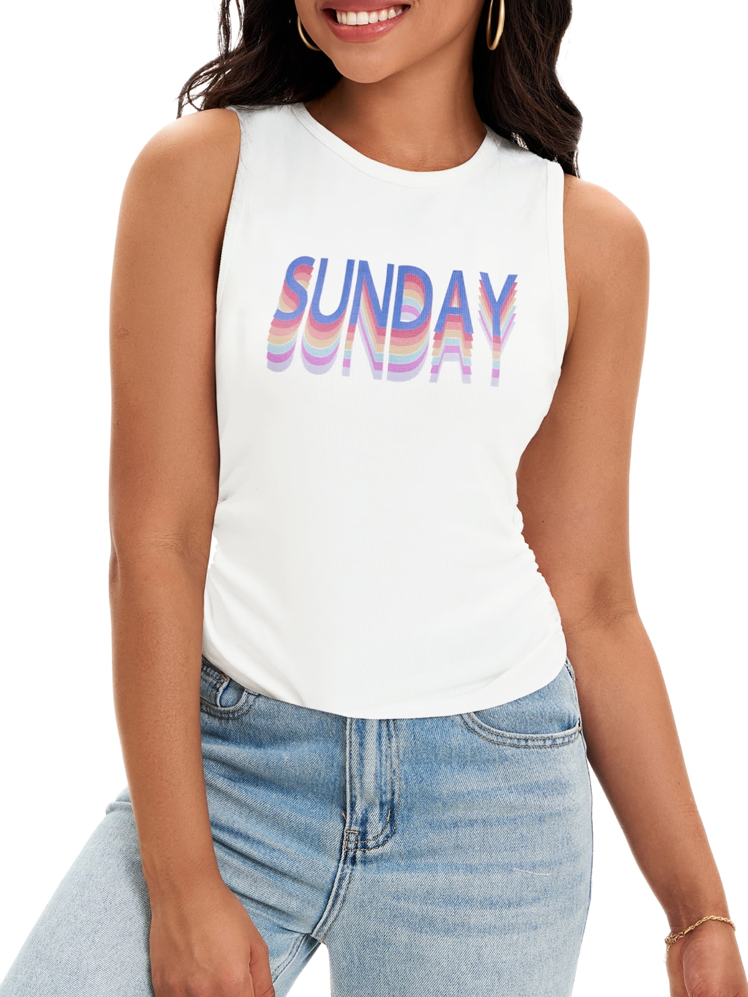 DARING DIVA Women's Summer Ribbed High Neck Casual Basic Tank Tops S White Print