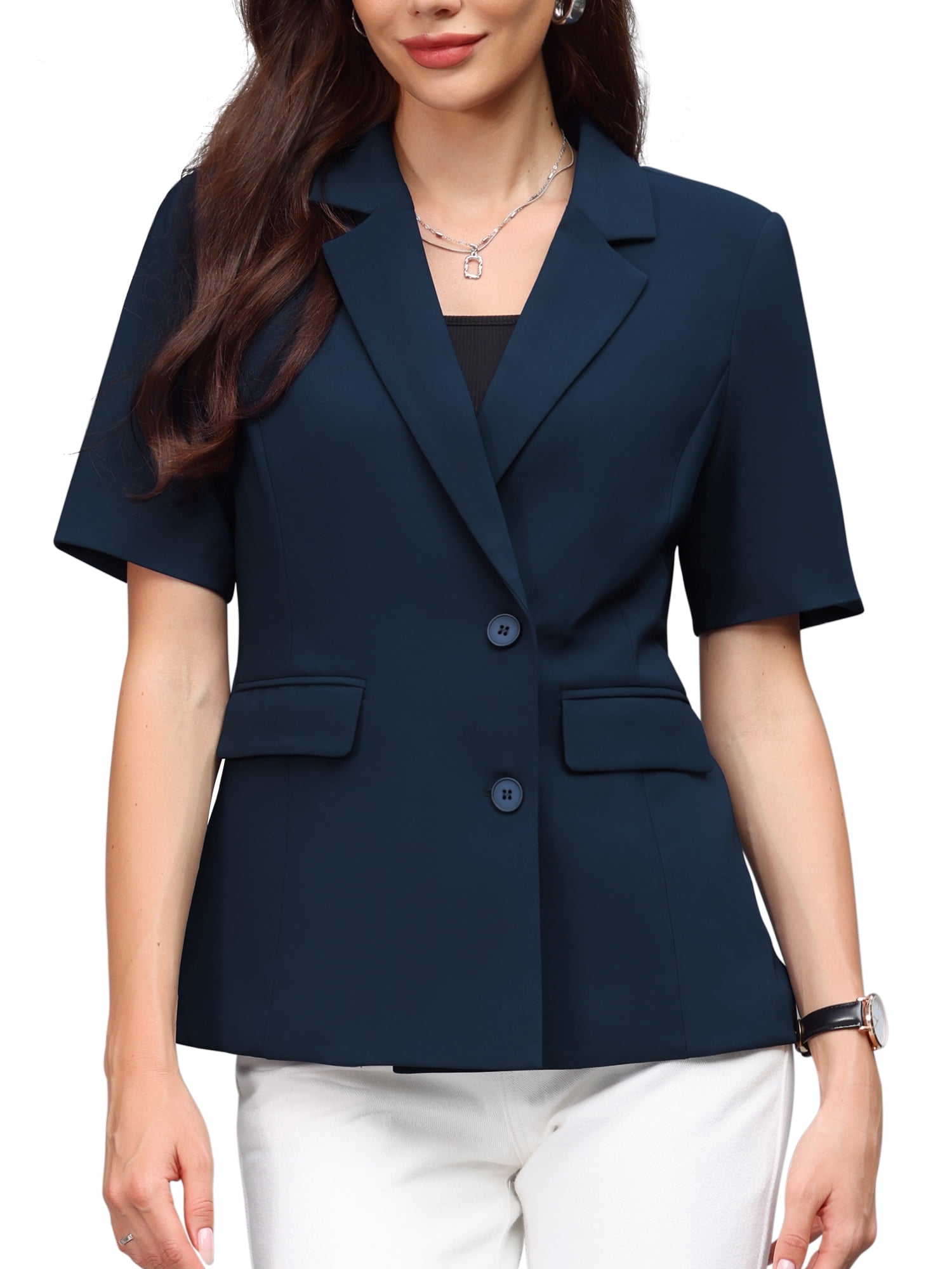 DARING DIVA Women's Summer Short Sleeve Blazer with Pockets L Navy Blue