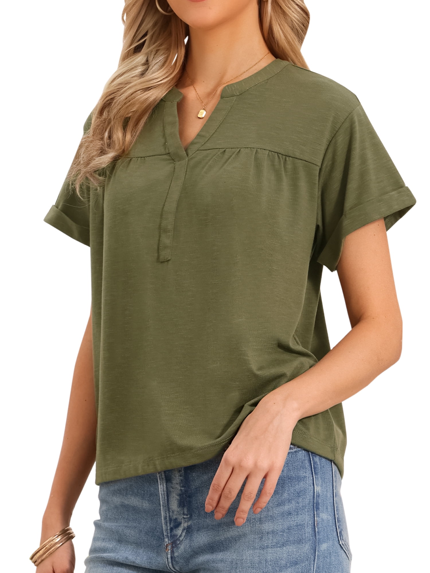 DARING DIVA Women's Summer Short Sleeve Tops V Neck Basic Tee Shirts Blouses XS Green