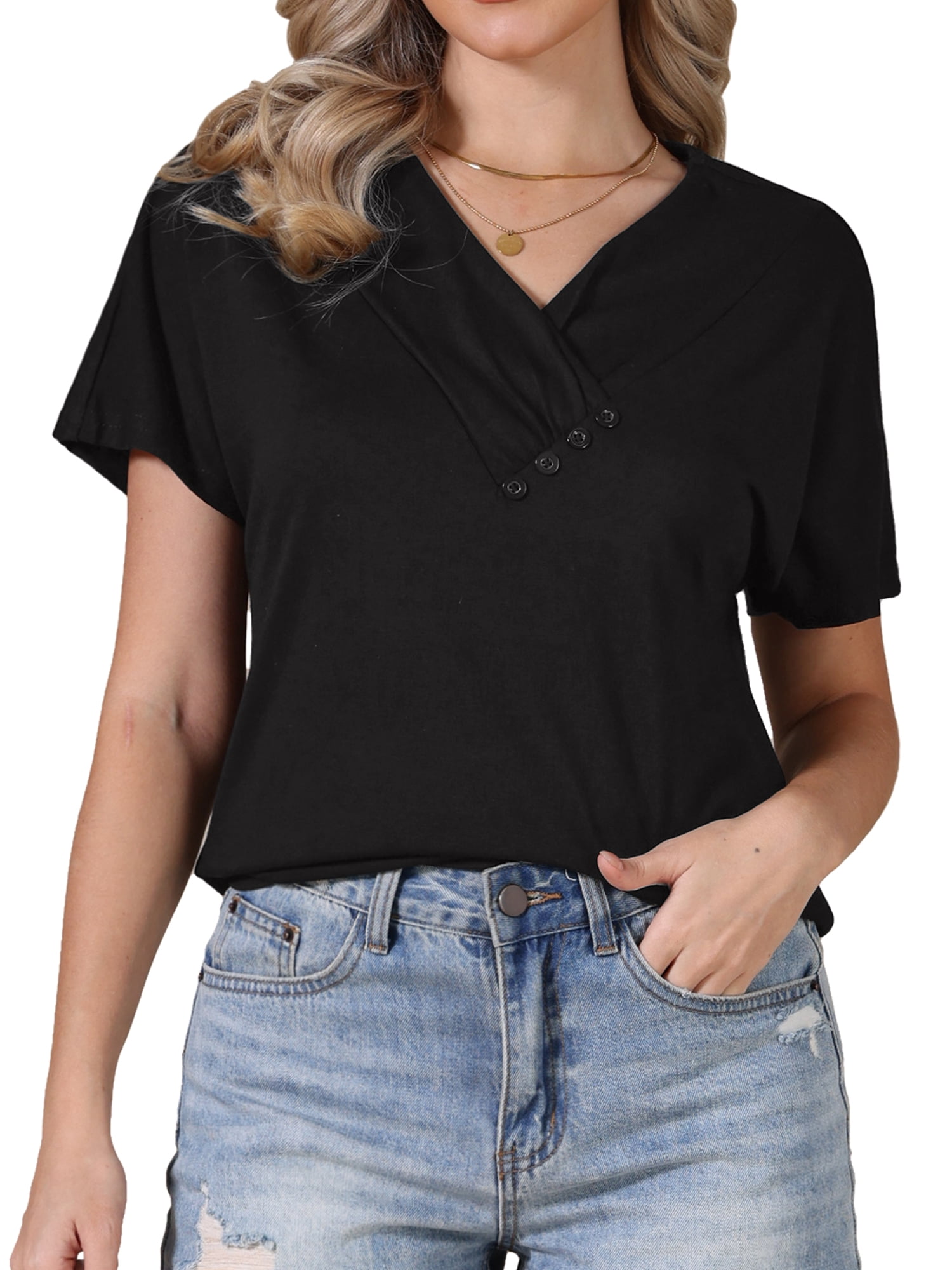 DARING DIVA Women's Summer Short Sleeve Tunic Tops Casual V Neck Button Shirts L Black