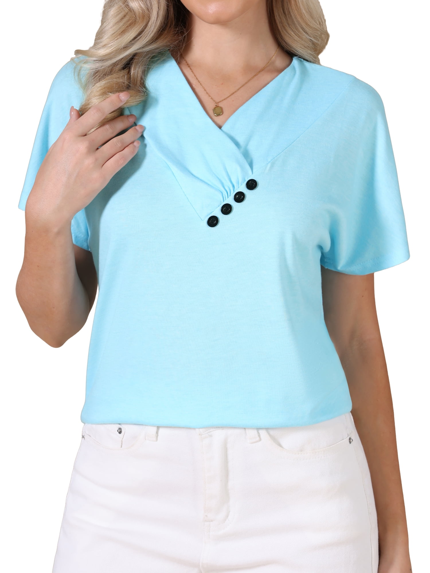 DARING DIVA Women's Summer Short Sleeve Tunic Tops Casual V Neck Button Shirts M Blue