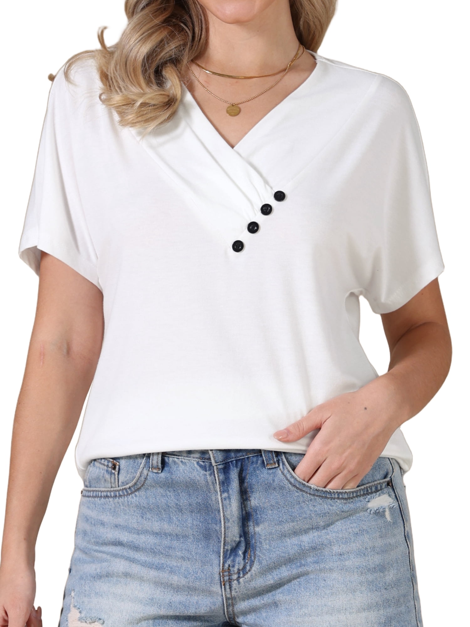 DARING DIVA Women's Summer Short Sleeve Tunic Tops Casual V Neck Button Shirts M White