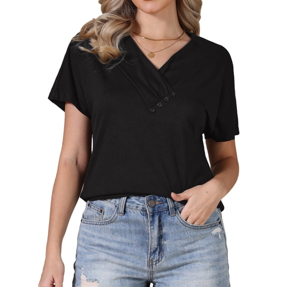 DARING DIVA Women's Summer Short Sleeve Tunic Tops Casual V Neck Button Shirts S Black
