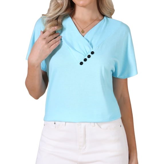 DARING DIVA Women's Summer Short Sleeve Tunic Tops Casual V Neck Button Shirts S Blue