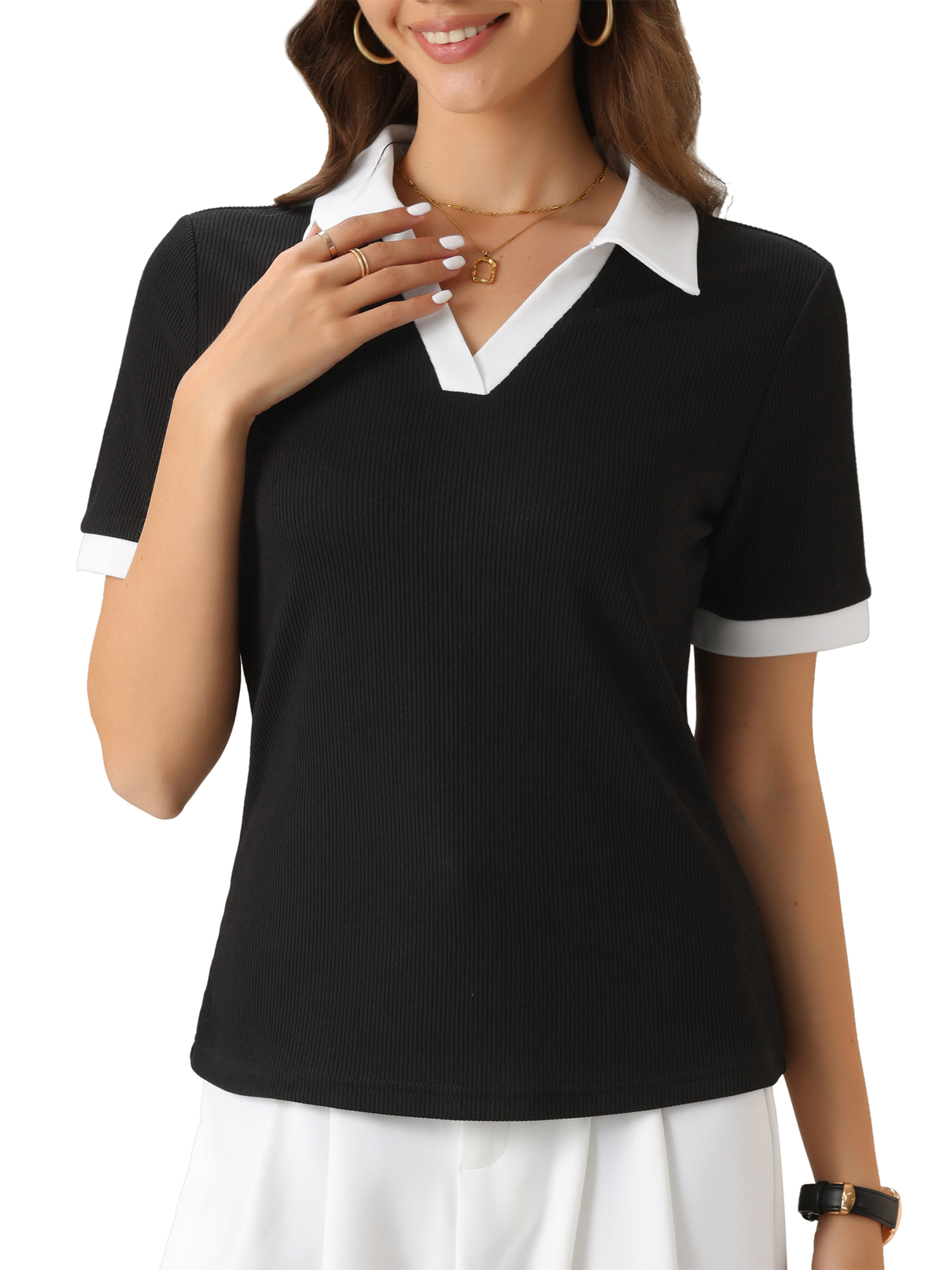 DARING DIVA Women's Summer Short Sleeve V Neck Casual Blouse XS Black
