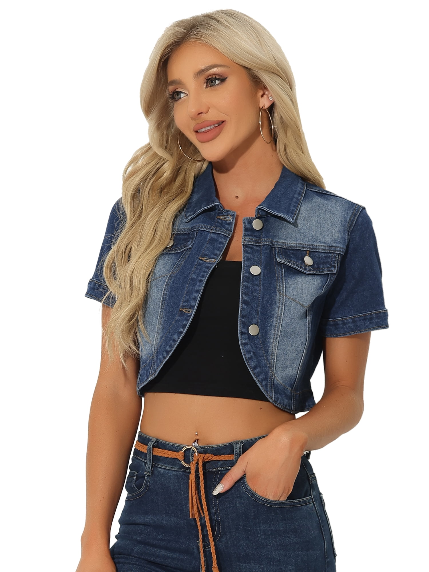 DARING DIVA Women's Summer Short Sleeves Crop Denim Jackets M Blue