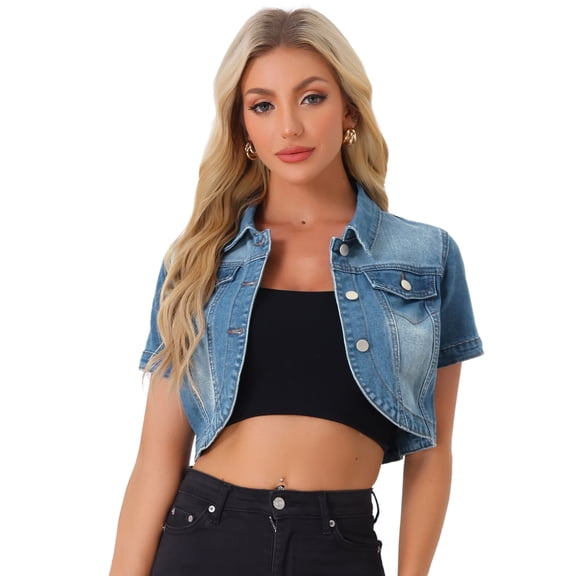 DARING DIVA Women's Summer Short Sleeves Crop Denim Jackets M Denim Blue