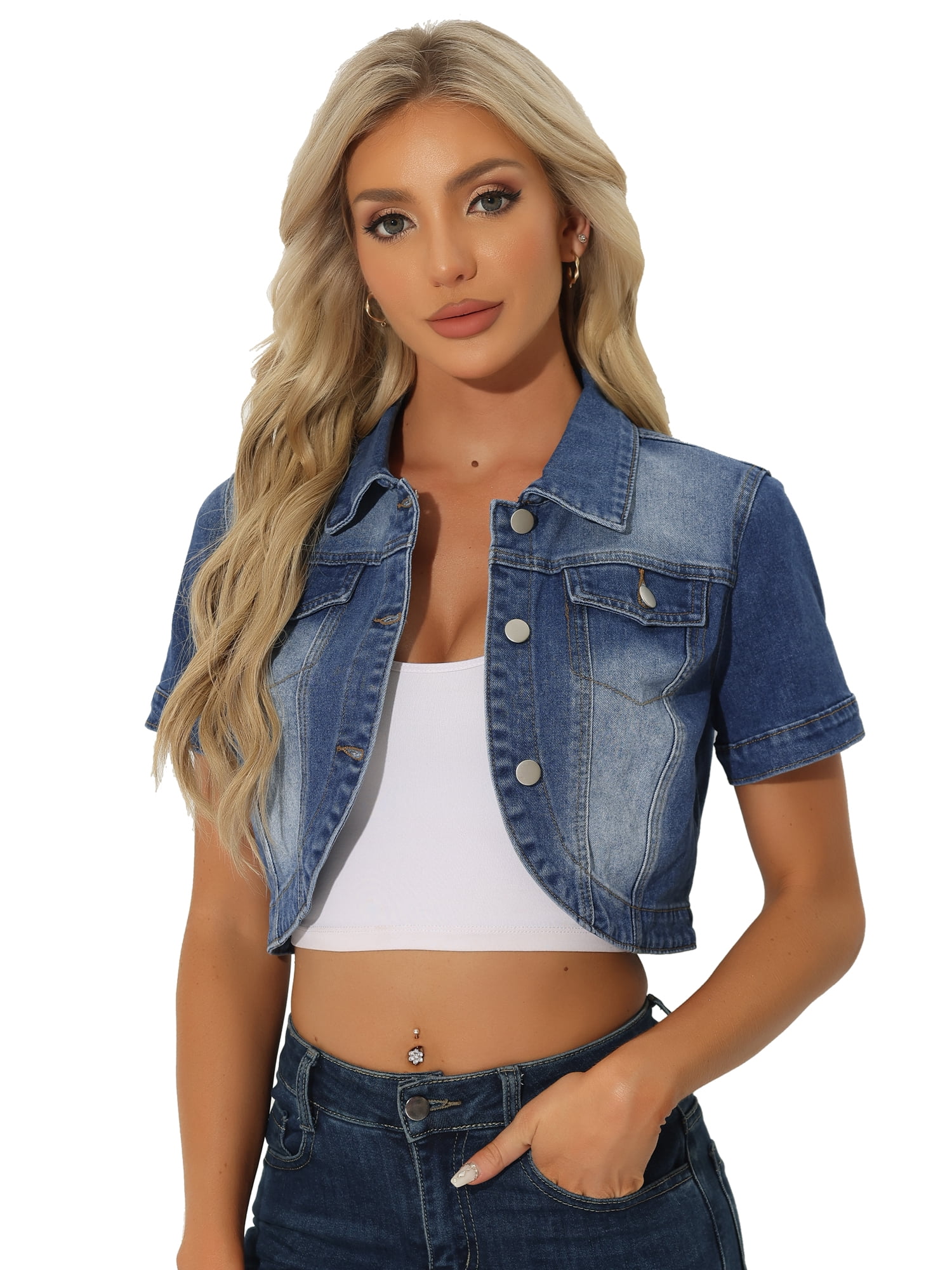 DARING DIVA Women's Summer Short Sleeves Crop Denim Jackets M Mid-Blue