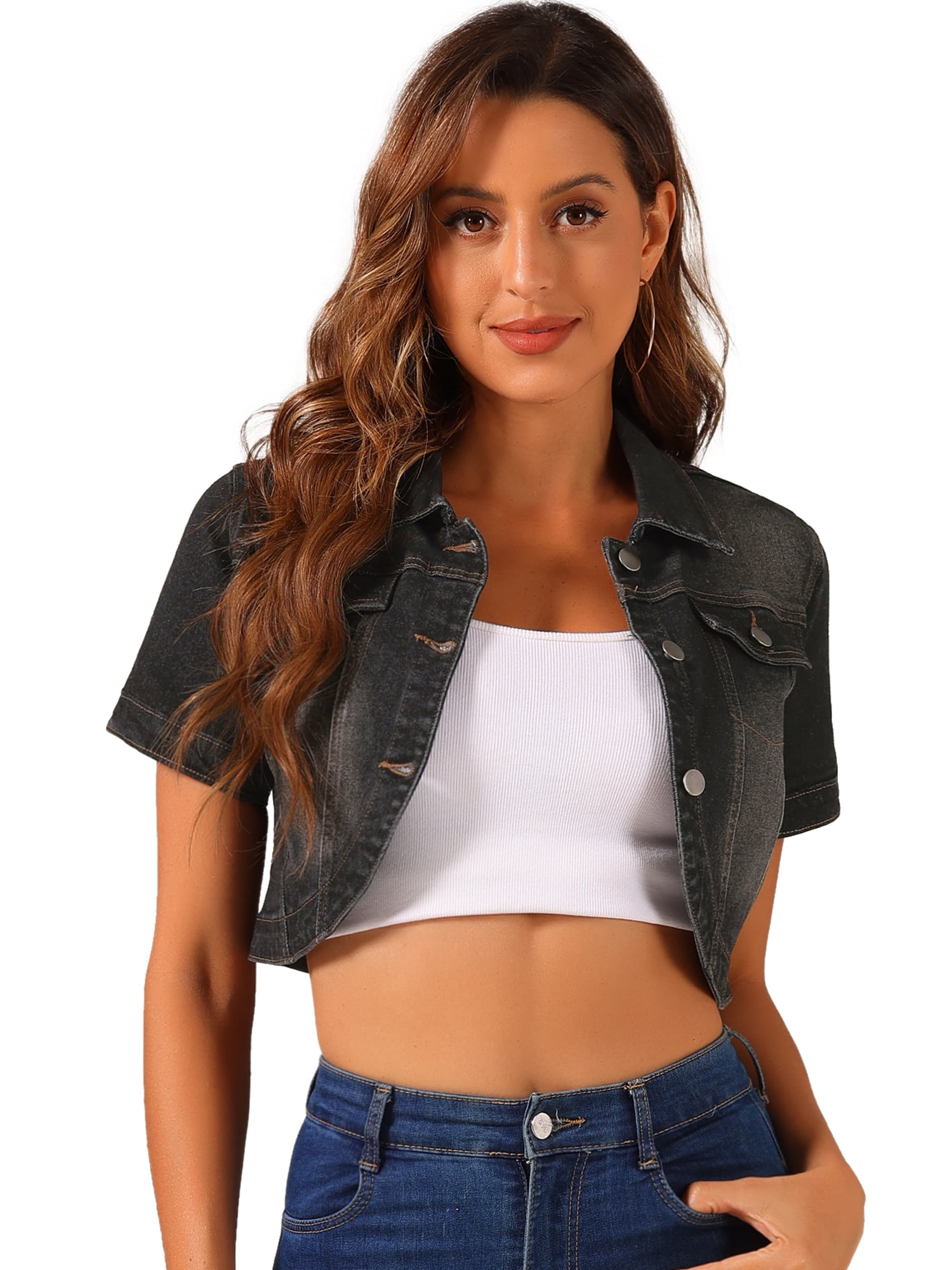 DARING DIVA Women's Summer Short Sleeves Crop Denim Jackets XL Black