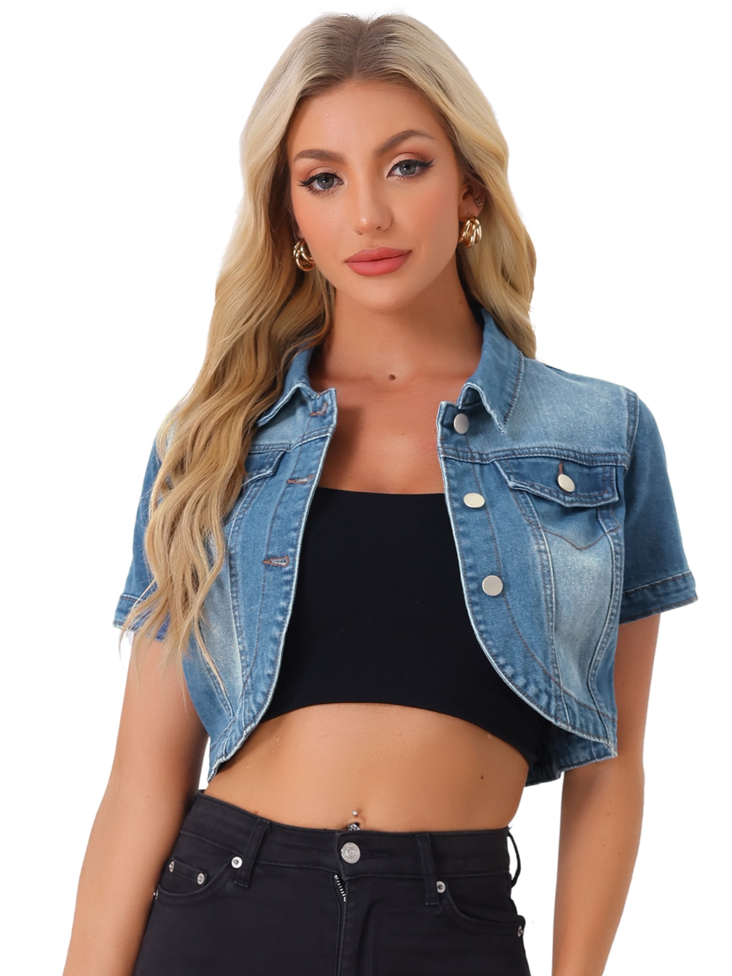 DARING DIVA Women's Summer Short Sleeves Crop Denim Jackets XL Denim Blue