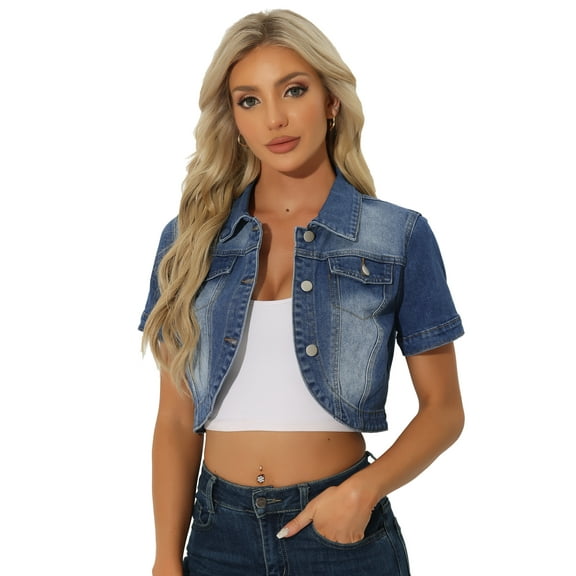 DARING DIVA Women's Summer Short Sleeves Crop Denim Jackets XS Mid-Blue