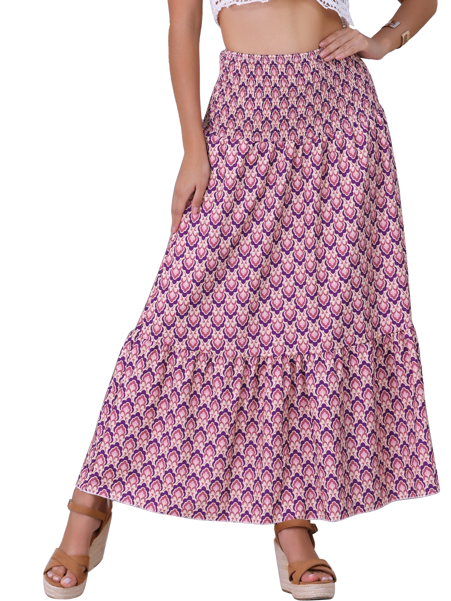 DARING DIVA Women's Summer Smocked Waist Flowy Maxi Skirts L Purple Floral