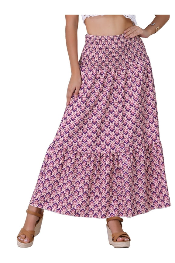 Women's Summer Smocked Waist Flowy Maxi Skirts M Purple Floral