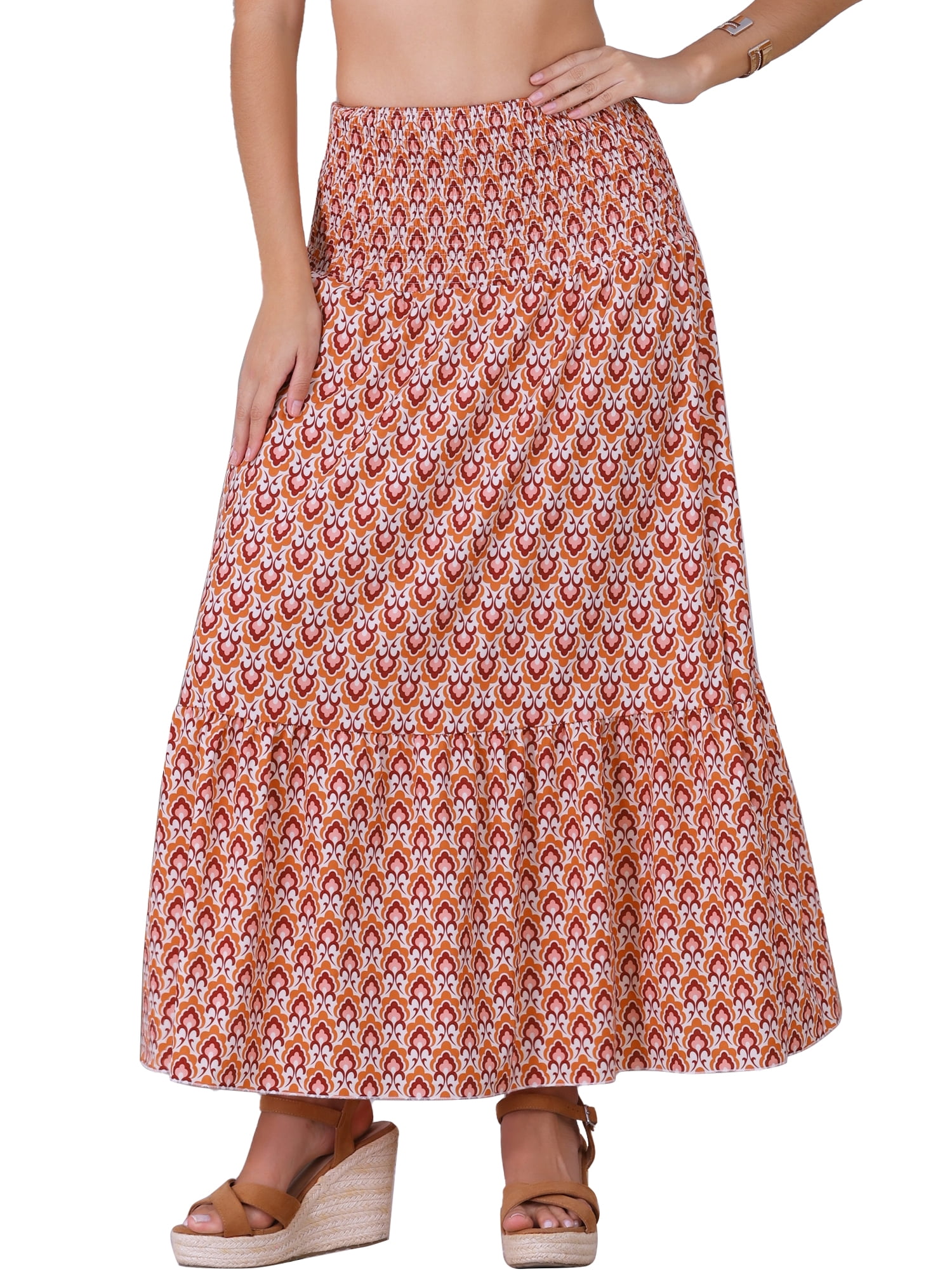 DARING DIVA Women's Summer Smocked Waist Flowy Maxi Skirts XS Orange Floral