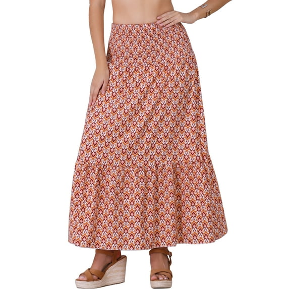 DARING DIVA Women's Summer Smocked Waist Flowy Maxi Skirts XS Orange Floral