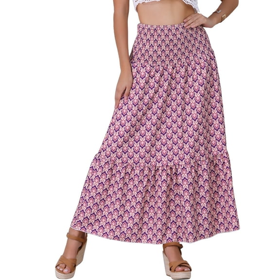 DARING DIVA Women's Summer Smocked Waist Flowy Maxi Skirts XS Purple Floral