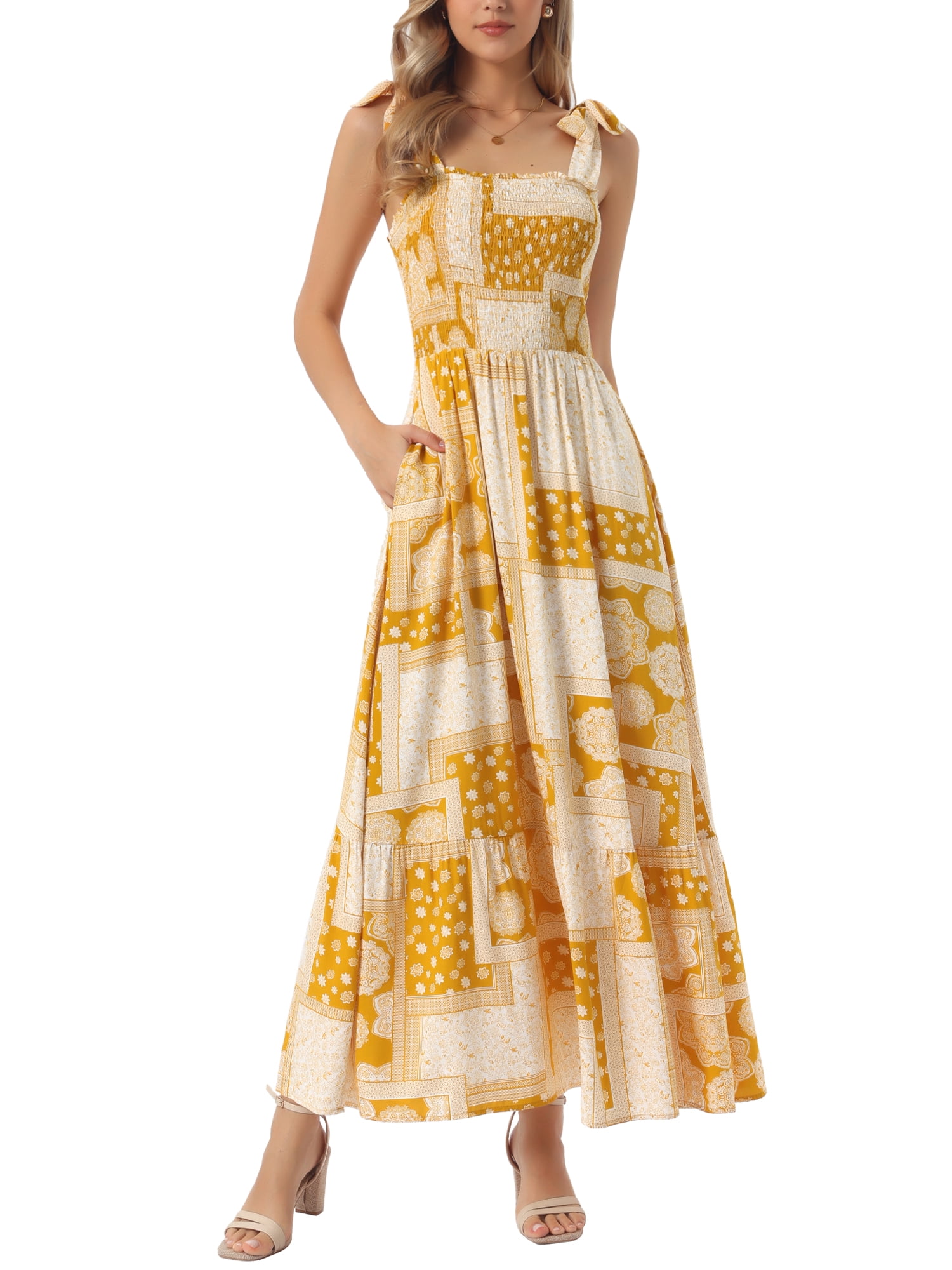 DARING DIVA Women's Summer Spaghetti Strap Square Neck Casual Dress L Yellow