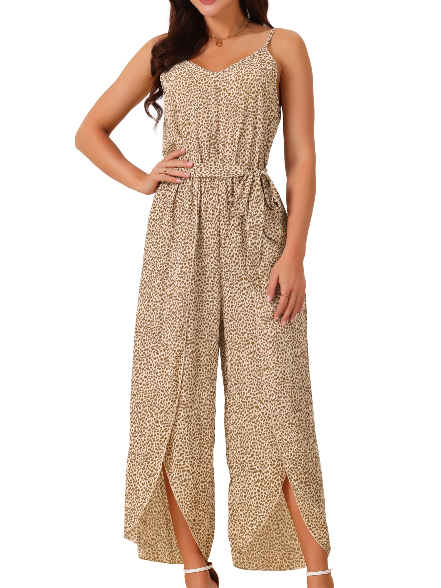 DARING DIVA Women's Summer Spaghetti Straps Sleeveless V Neck Jumpsuit L Brown
