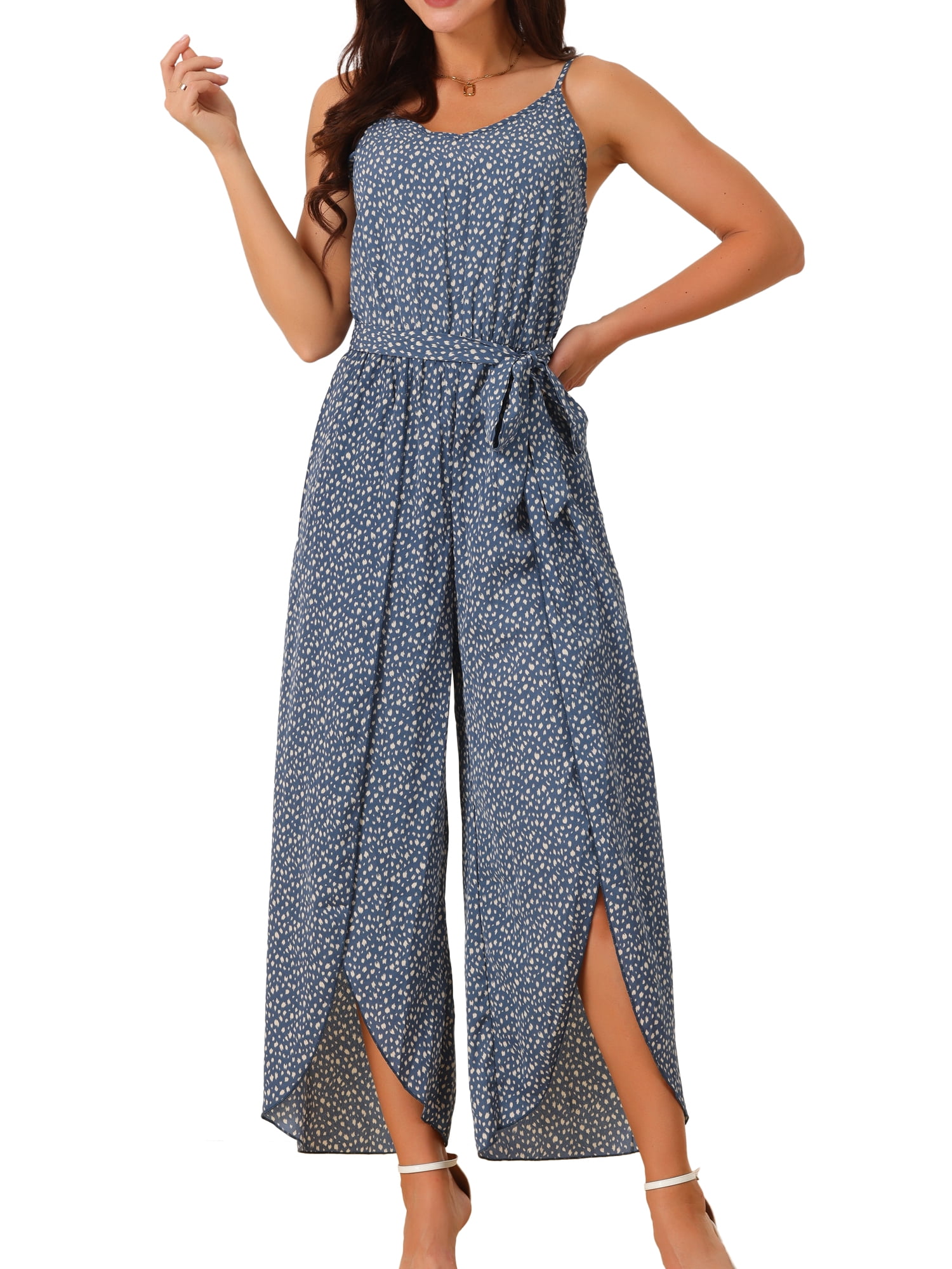DARING DIVA Women's Summer Spaghetti Straps Sleeveless V Neck Jumpsuit XL Grey Blue