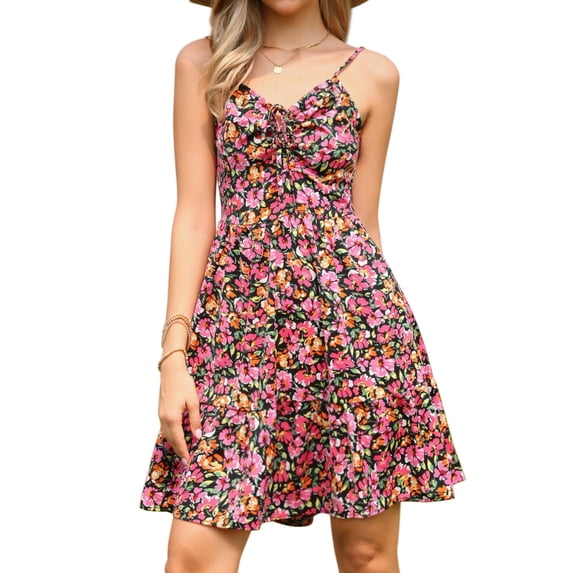 DARING DIVA Women's Summer Spaghetti Straps Smocked Back A-Line Dress L Pink