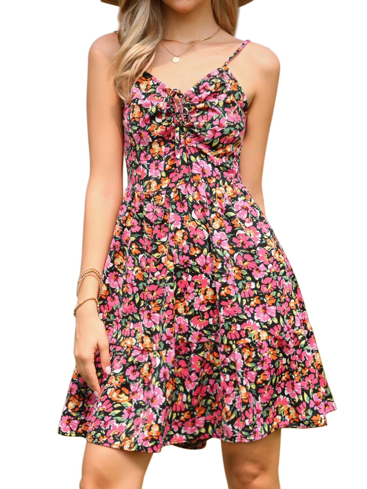 DARING DIVA Women's Summer Spaghetti Straps Smocked Back A-Line Dress M Pink