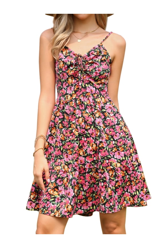 Women's Summer Spaghetti Straps Smocked Back A-Line Dress M Pink