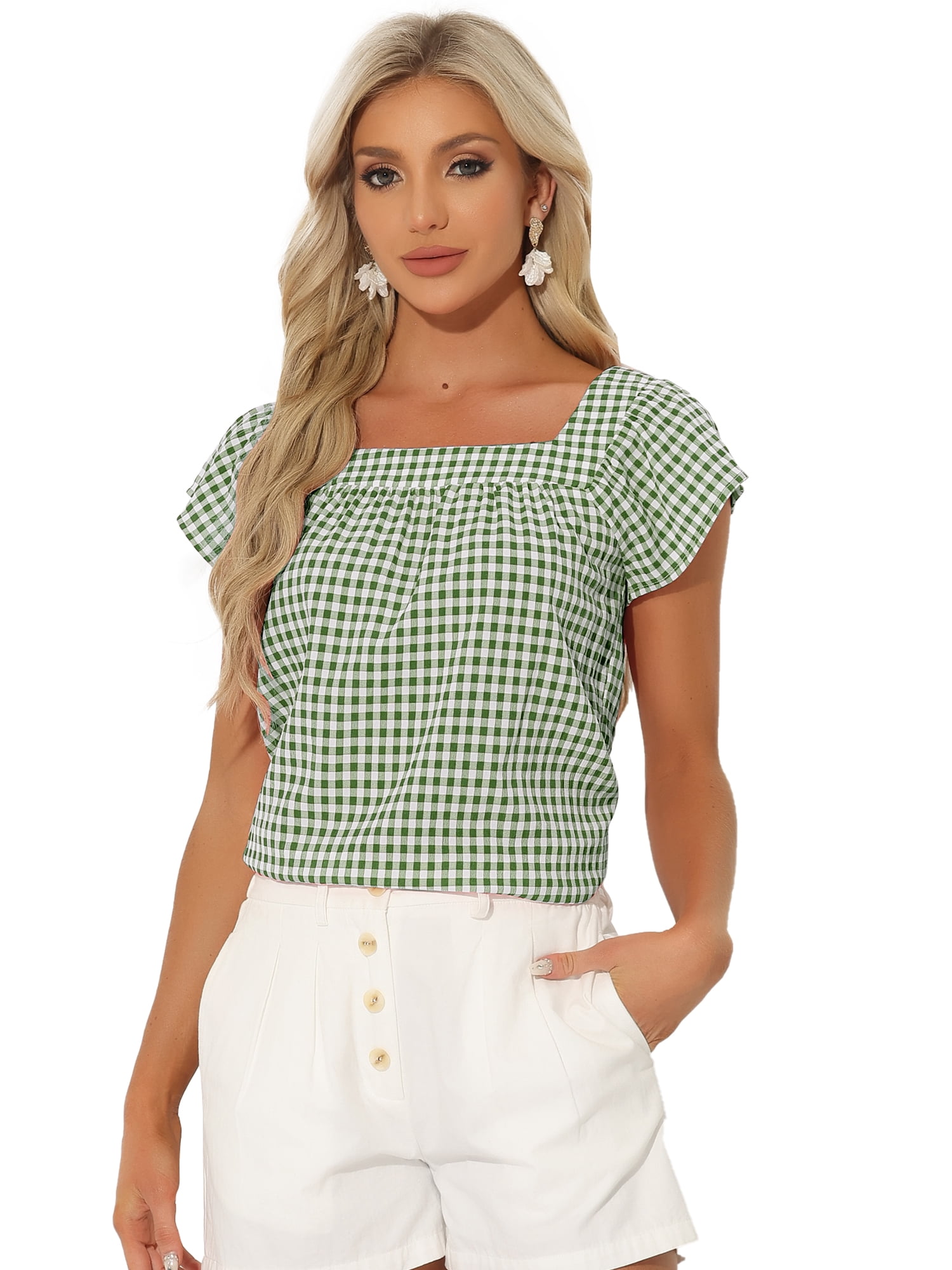 DARING DIVA Women's Summer Square Neck Gingham Cap Sleeves Blouses L Green White