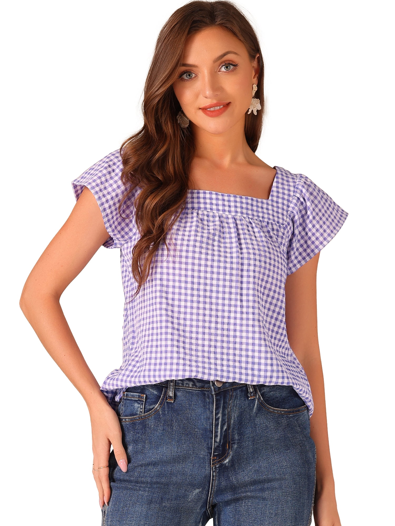 DARING DIVA Women's Summer Square Neck Gingham Cap Sleeves Blouses L Purple
