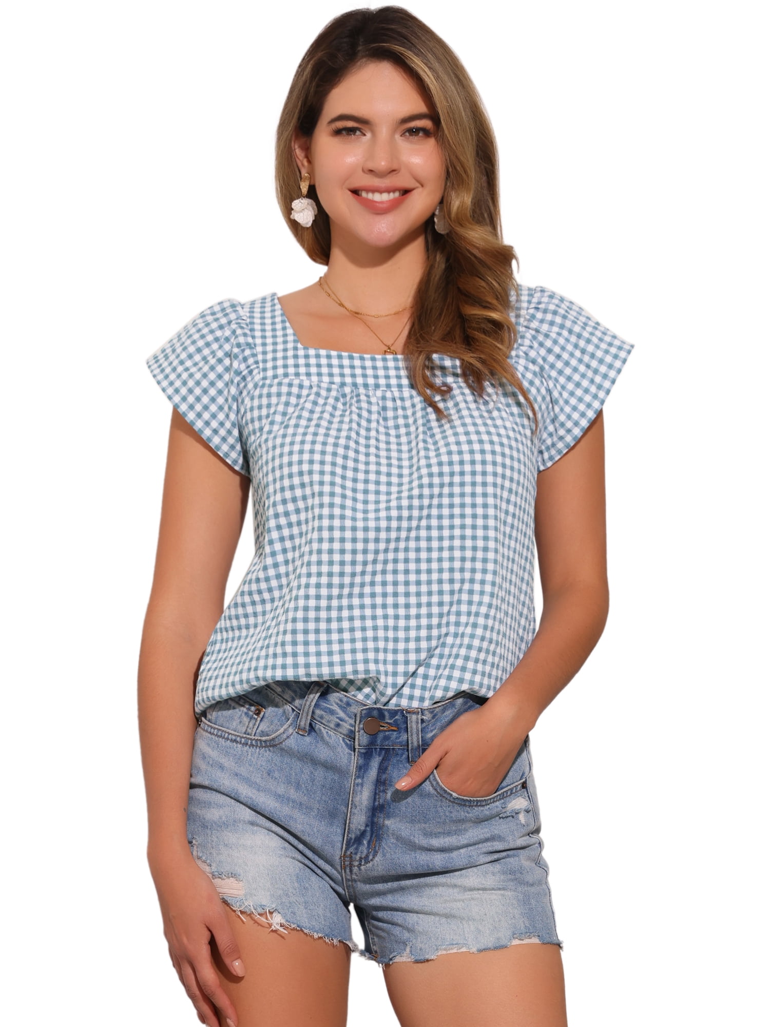DARING DIVA Women's Summer Square Neck Gingham Cap Sleeves Blouses M Lake Blue