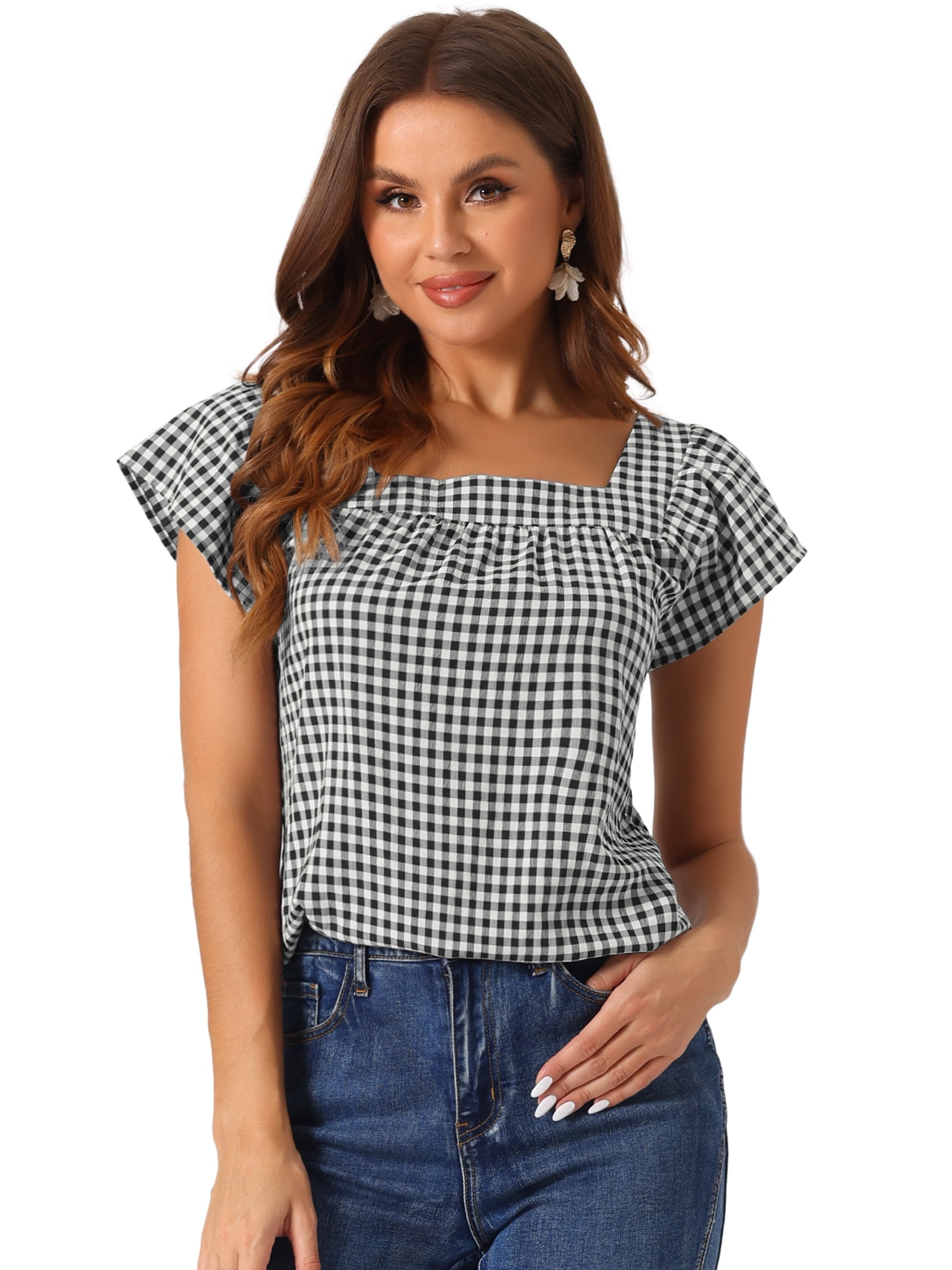DARING DIVA Women's Summer Square Neck Gingham Cap Sleeves Blouses S Black