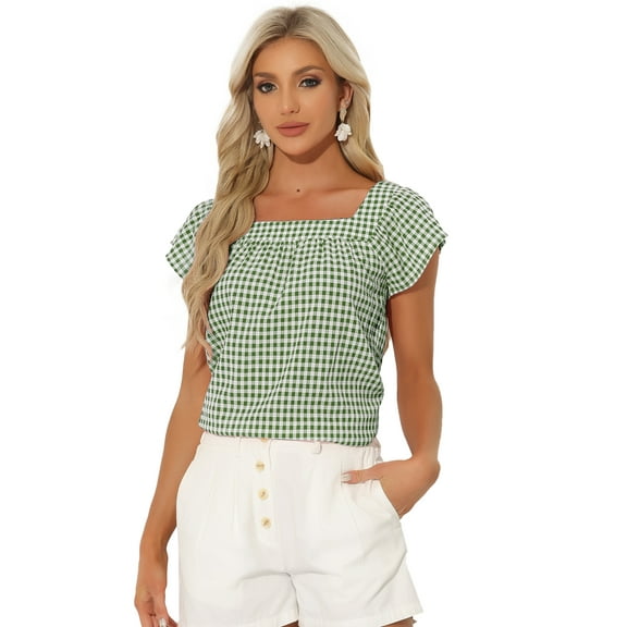 DARING DIVA Women's Summer Square Neck Gingham Cap Sleeves Blouses S Green White