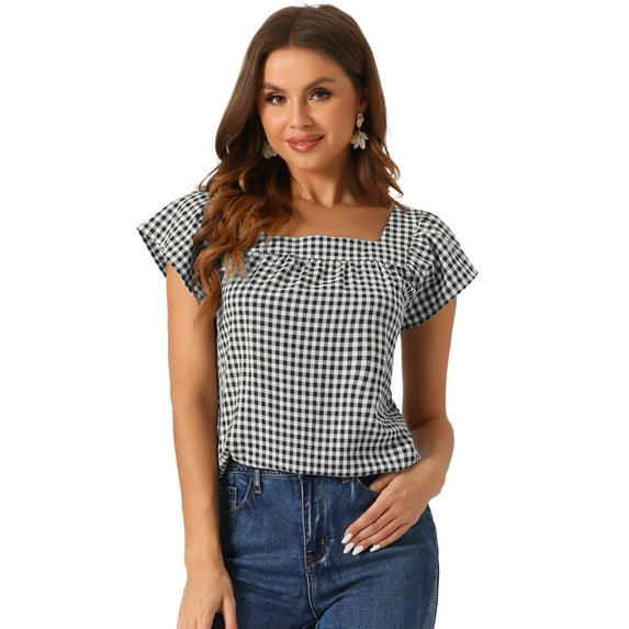 DARING DIVA Women's Summer Square Neck Gingham Cap Sleeves Blouses XL Black