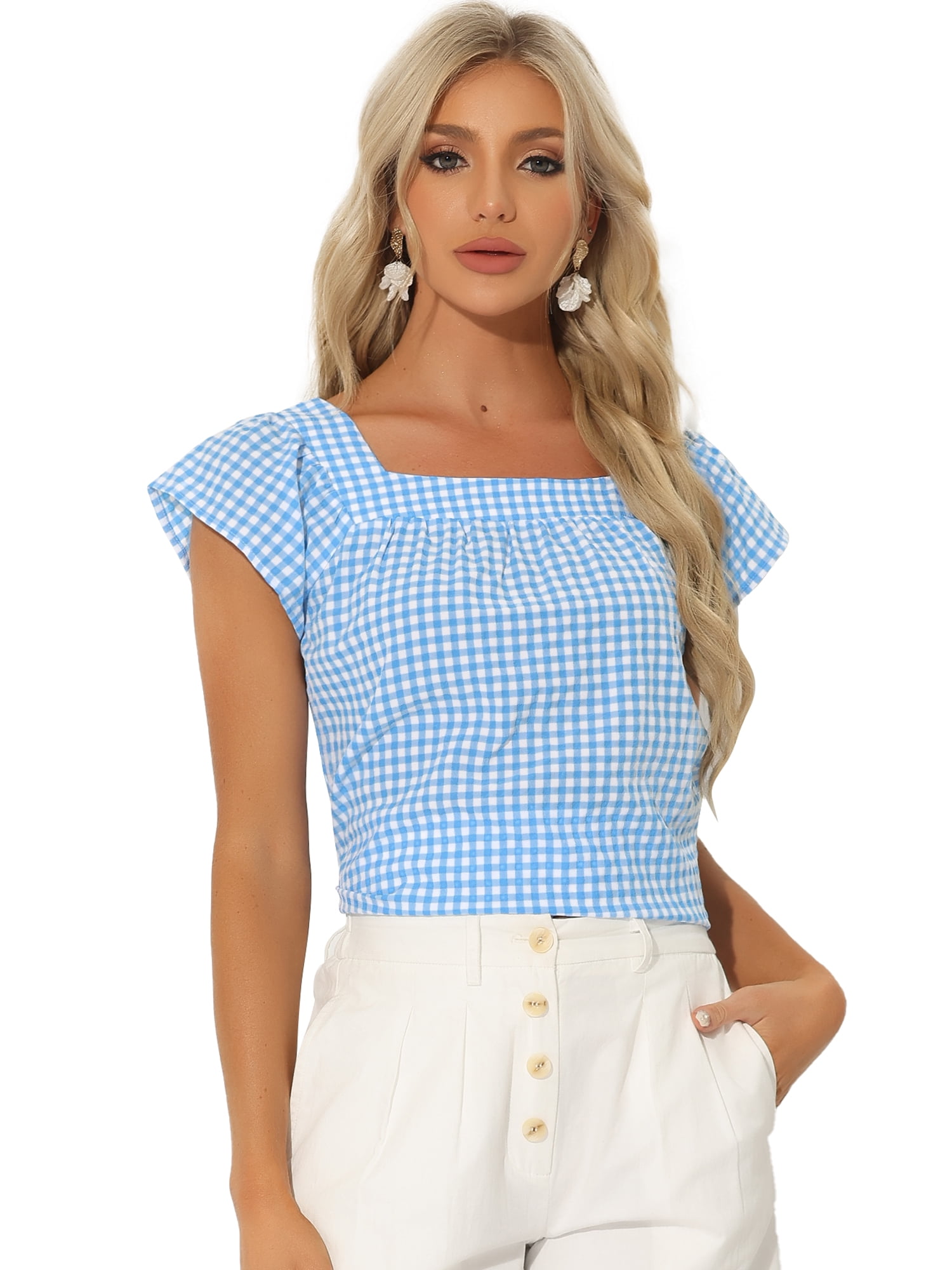 DARING DIVA Women's Summer Square Neck Gingham Cap Sleeves Blouses XL Blue