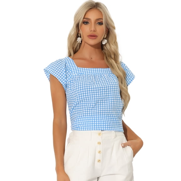 DARING DIVA Women's Summer Square Neck Gingham Cap Sleeves Blouses XL Blue