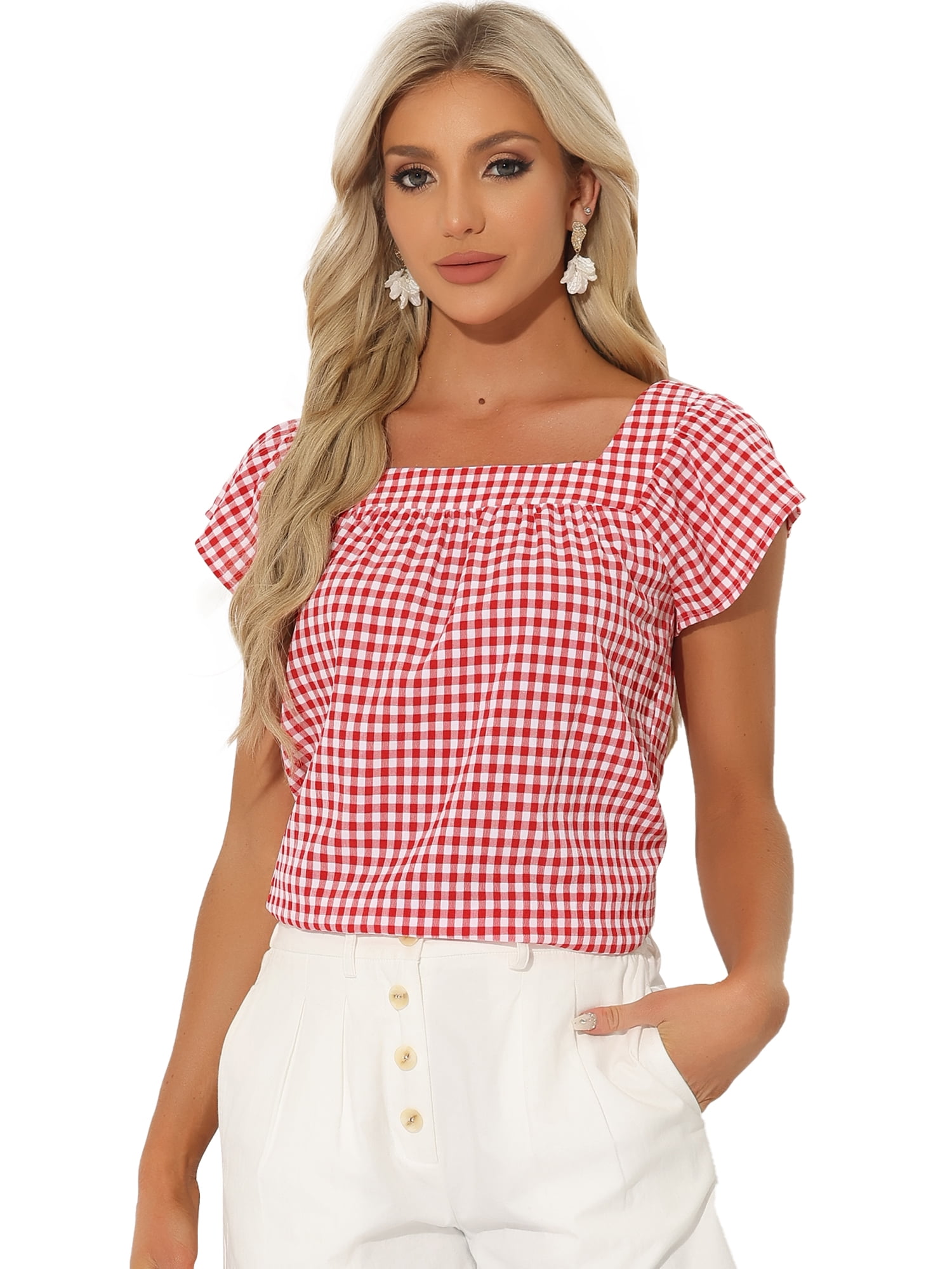 DARING DIVA Women's Summer Square Neck Gingham Cap Sleeves Blouses XL Red