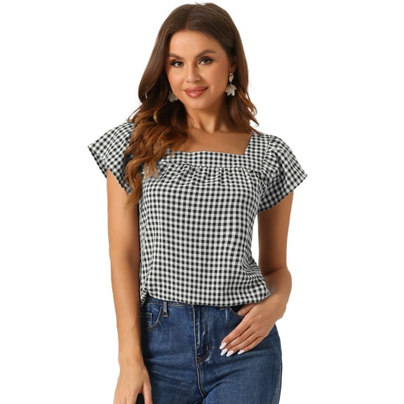 DARING DIVA Women's Summer Square Neck Gingham Cap Sleeves Blouses XS Black