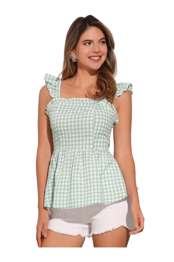 Women's Gingham Peplum Square Neck Sleeveless Plaid Blouse L Light Green