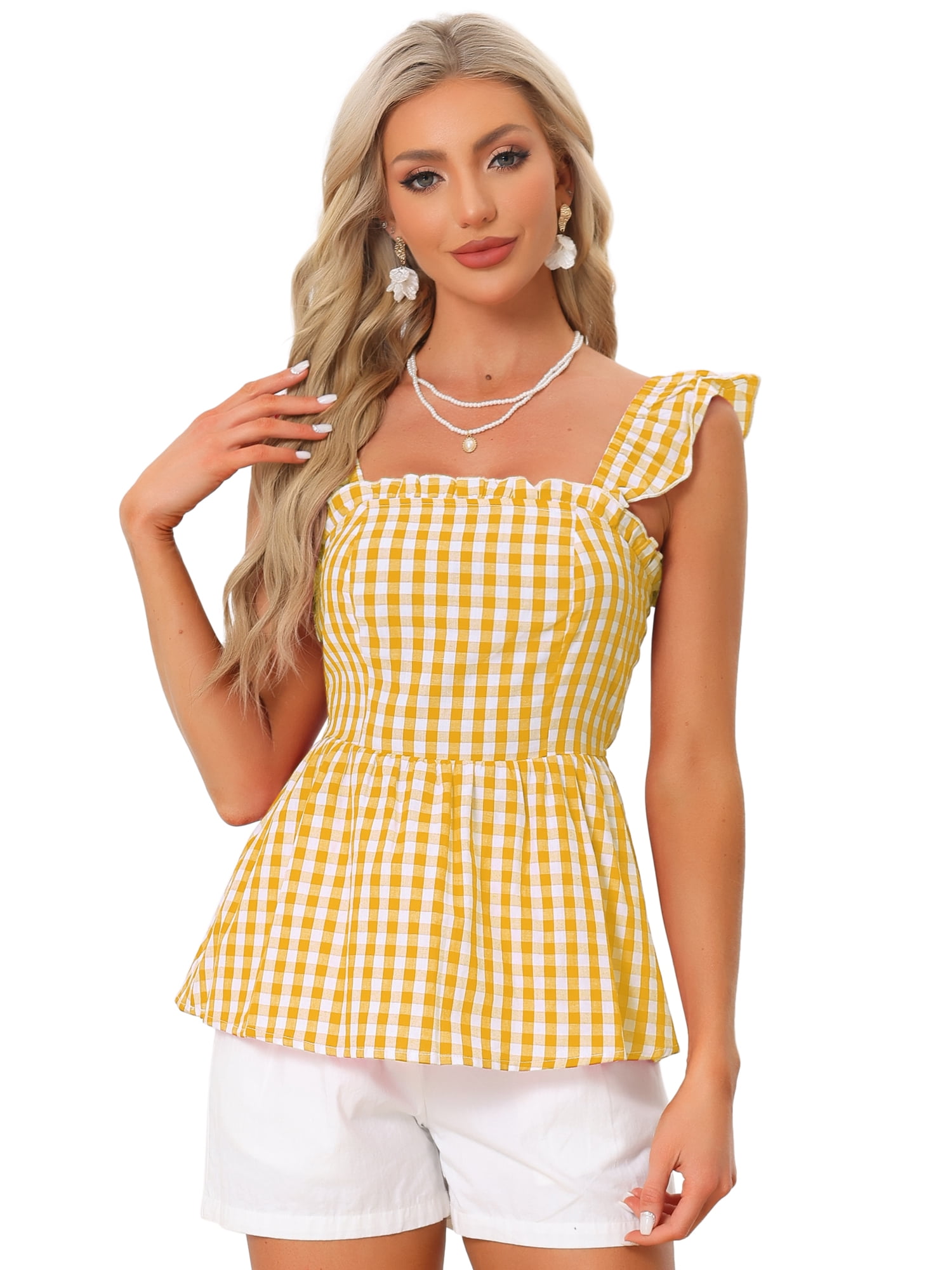 DARING DIVA Women's Gingham Peplum Square Neck Sleeveless Plaid Blouse L Yellow
