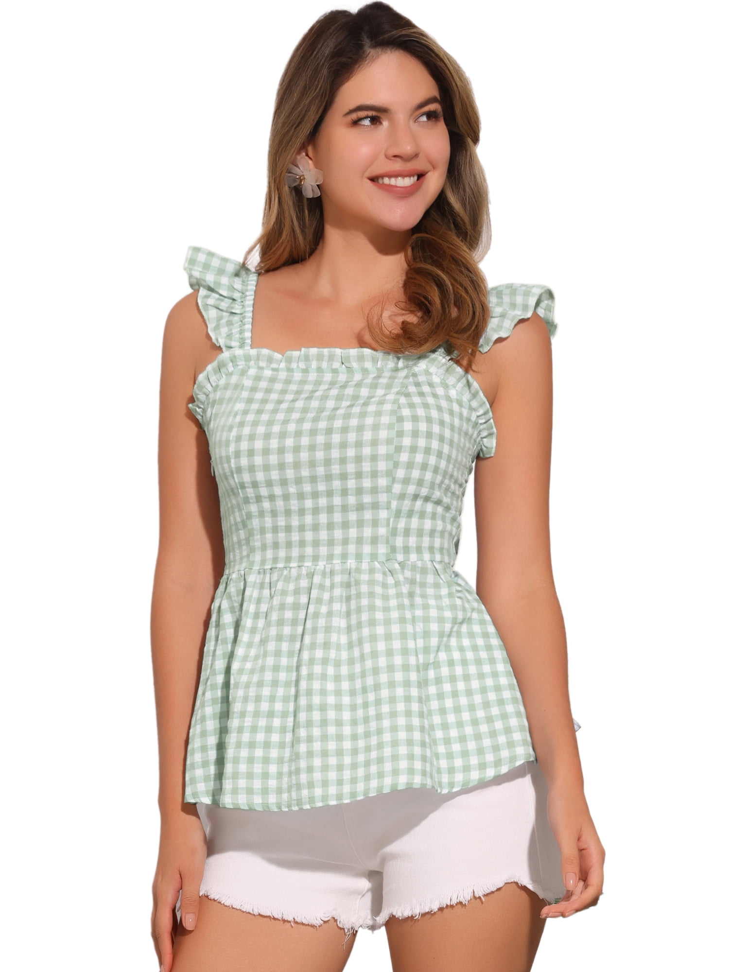 DARING DIVA Women's Gingham Peplum Square Neck Sleeveless Plaid Blouse M Light Green